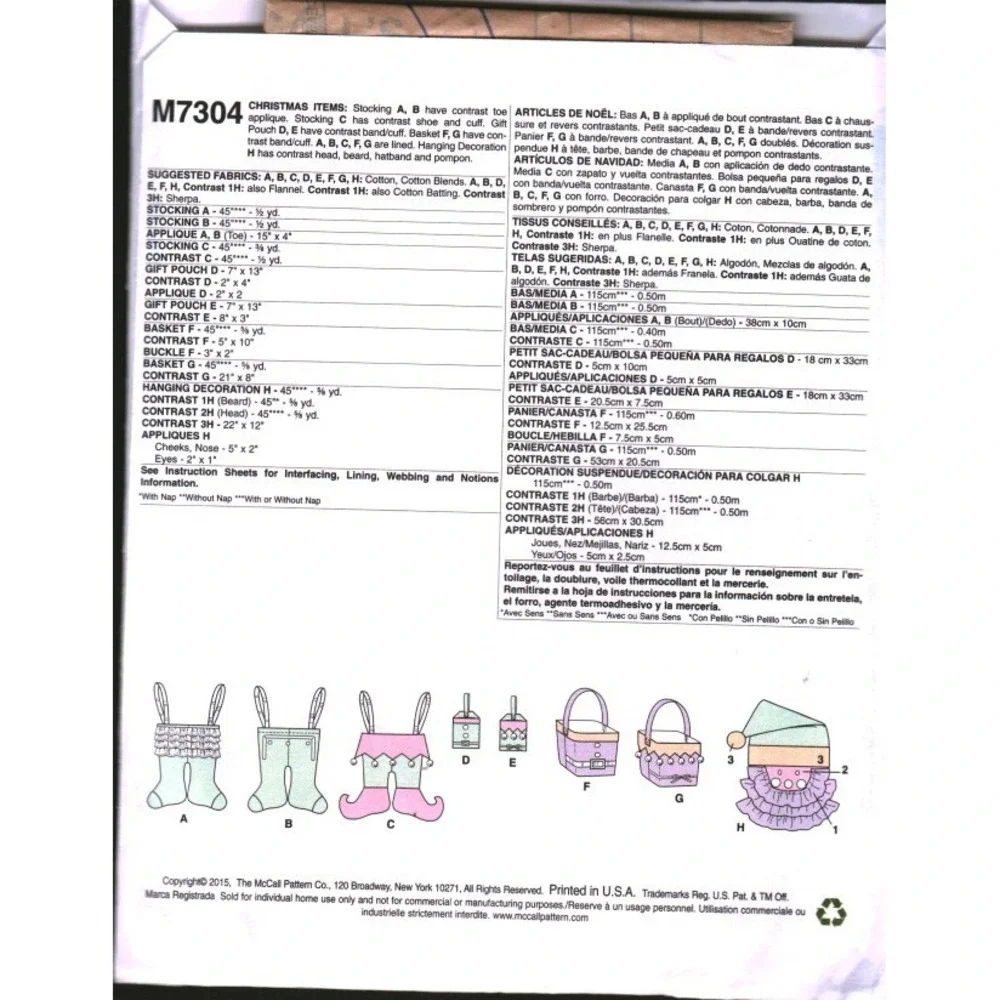 McCalls Crafts M7304 Christmas Sewing Pattern Stockings Gift Pouches Baskets OSZ